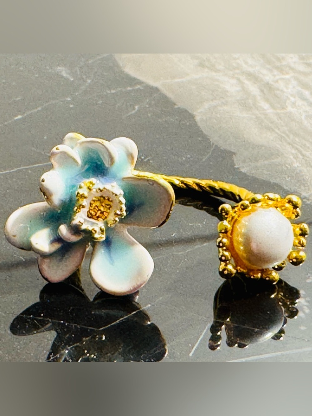 NWT Gold Plated Blue Enamel Flower & Pearl Accent Ring